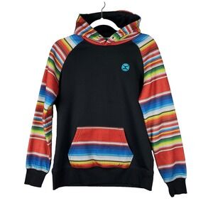 HOOEY Tijuana Hooded Sweatshirt Aztec Striped Women's Size M Raglan Sleeves